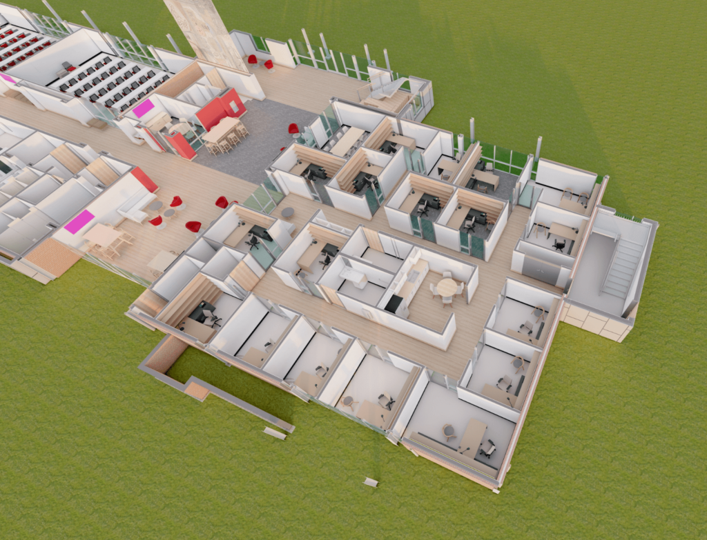 3d floor plan of offices with green backgroun