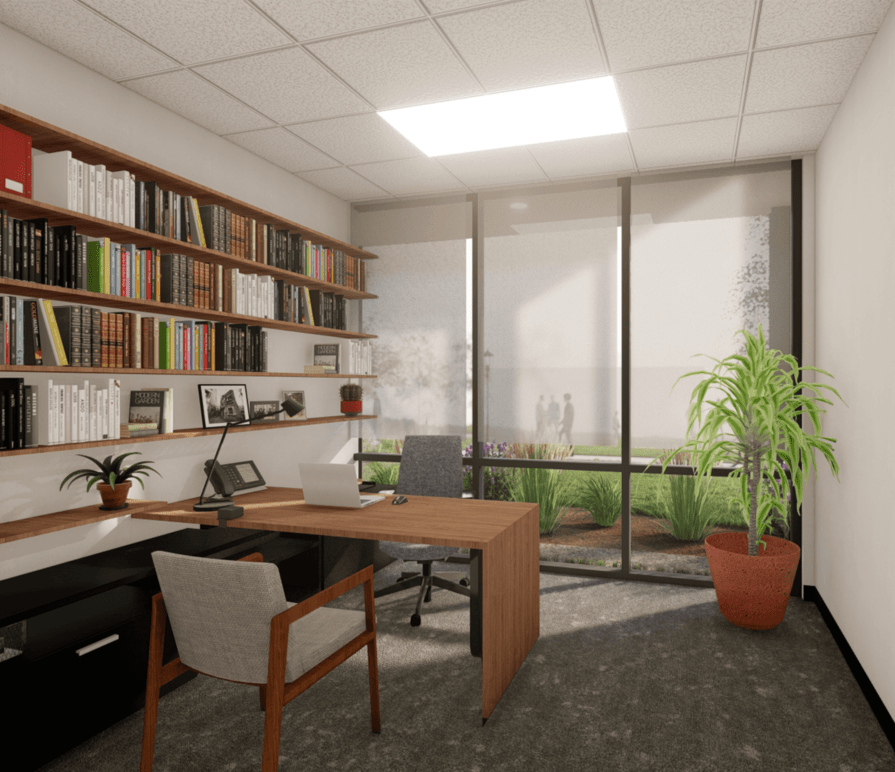 Office with desk, chair, and wall of windows.