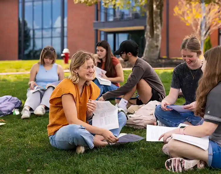 students studying on a lawn